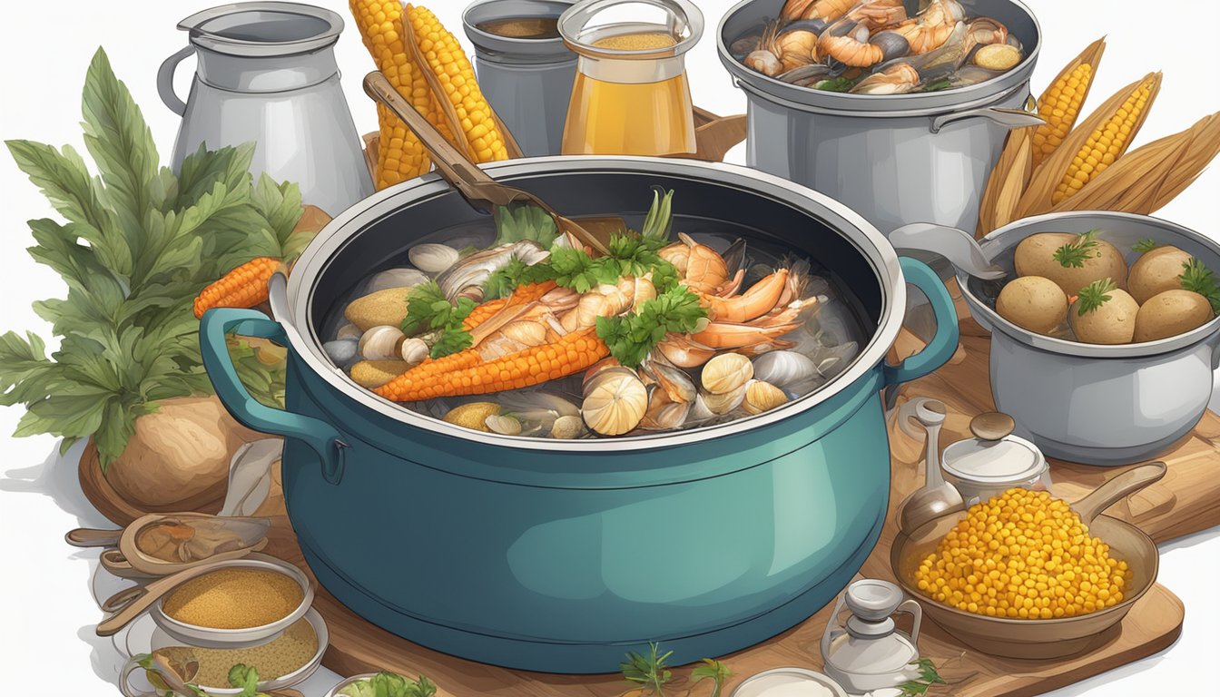 A large pot filled with boiling water, surrounded by various seafood, corn, potatoes, and spices. A pair of tongs and a wooden spoon rest nearby