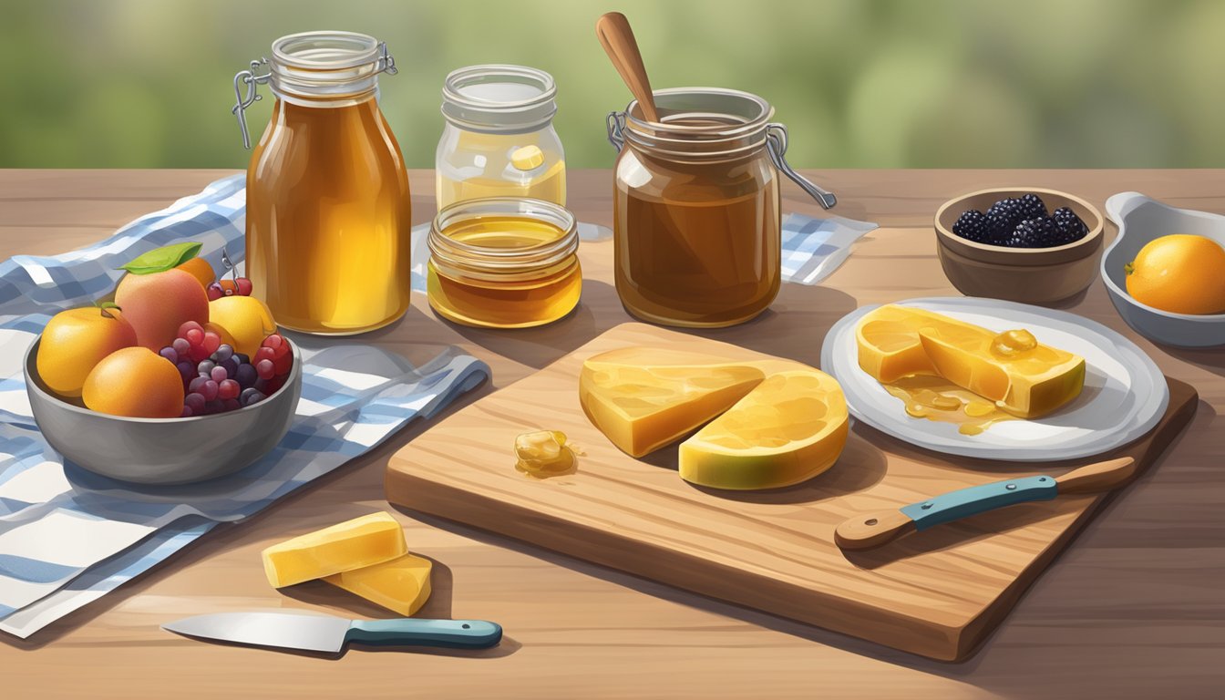 A wooden cutting board with fresh Texas fruits and a jar of local honey, surrounded by kitchen utensils and a recipe book