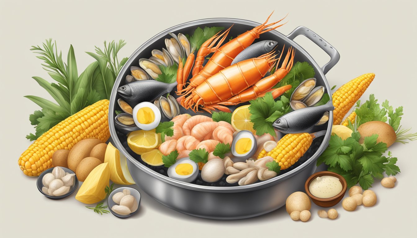 A large pot filled with boiling water and a medley of fresh seafood, corn, and potatoes, surrounded by fragrant spices and herbs