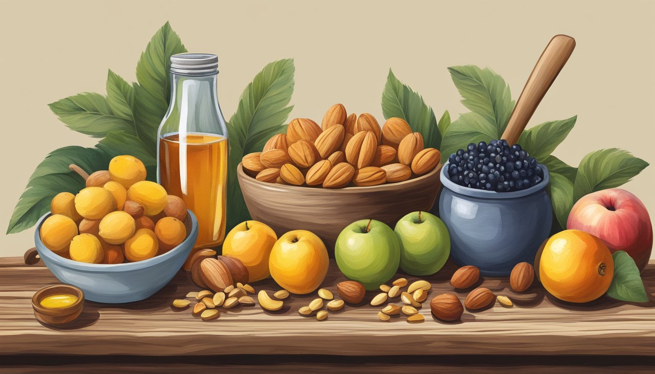 A rustic wooden table displays a colorful array of fresh Texas fruits, accompanied by a jar of local honey and a bowl of mixed nuts