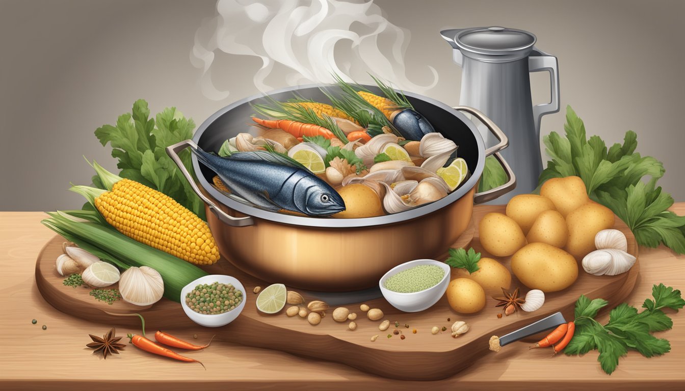 A large pot sits on a gas stove, filled with water and spices. Surrounding it are various seafood ingredients, corn, and potatoes on a wooden cutting board