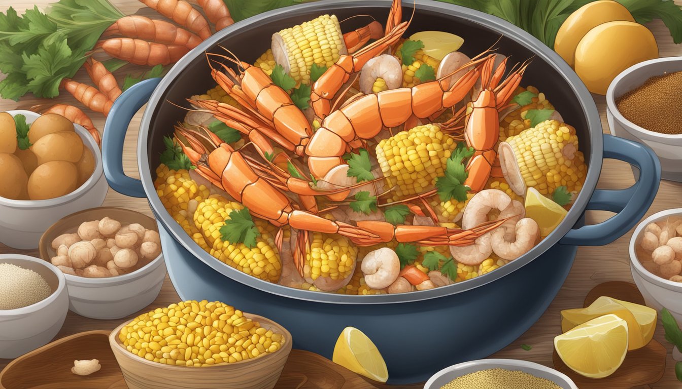 A large pot boiling with shrimp, crab legs, corn, and potatoes, surrounded by spices and seasonings