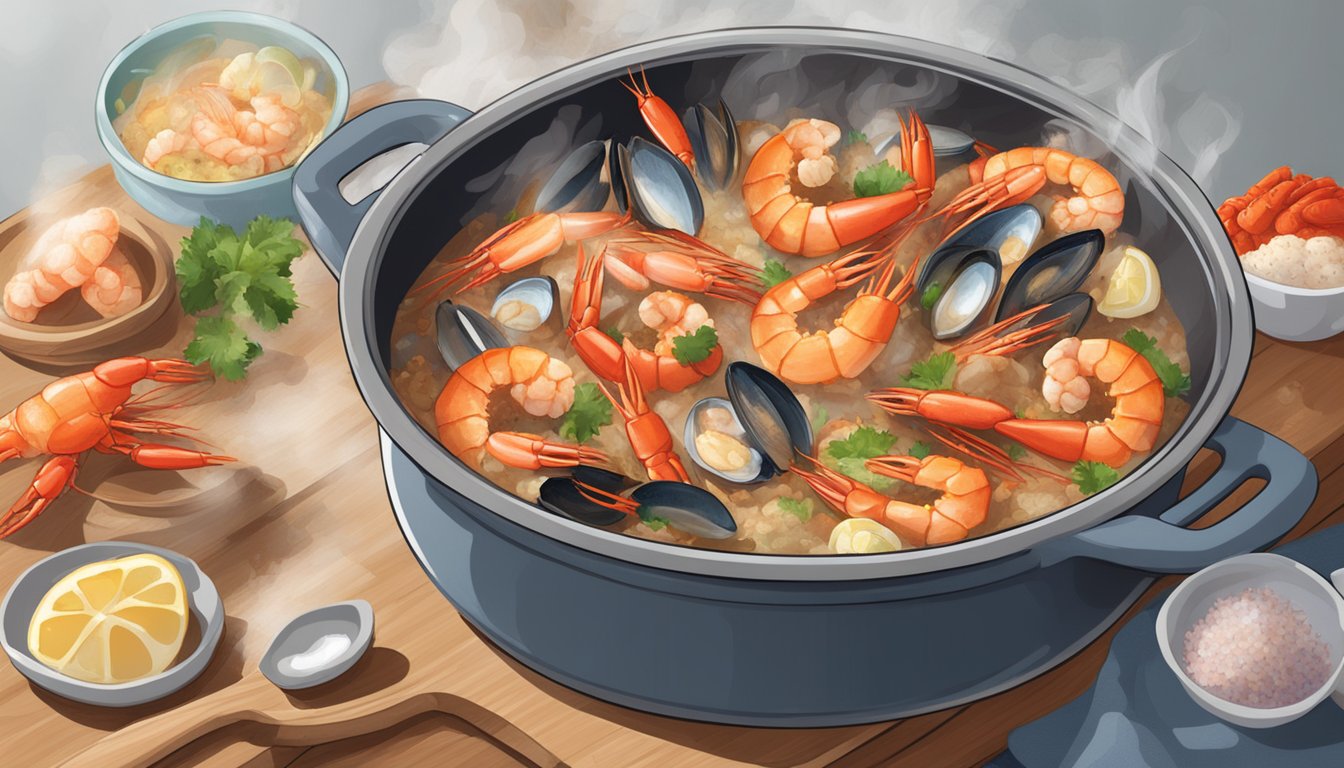 A large pot filled with boiling water, red pepper flakes, garlic, and various seafood such as shrimp, crab, and crawfish. A wooden spoon stirs the mixture as steam rises