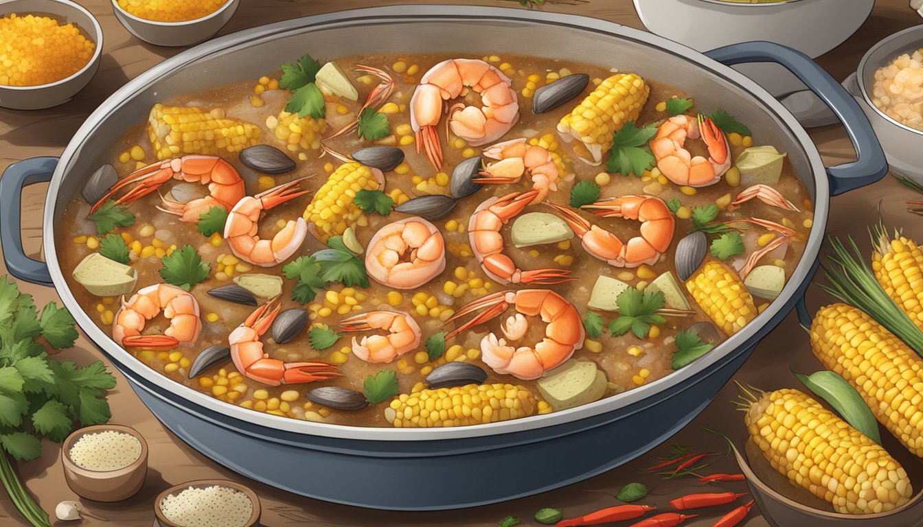 A large pot simmering with shrimp, crab, corn, and potatoes, surrounded by a spread of spices and seasonings