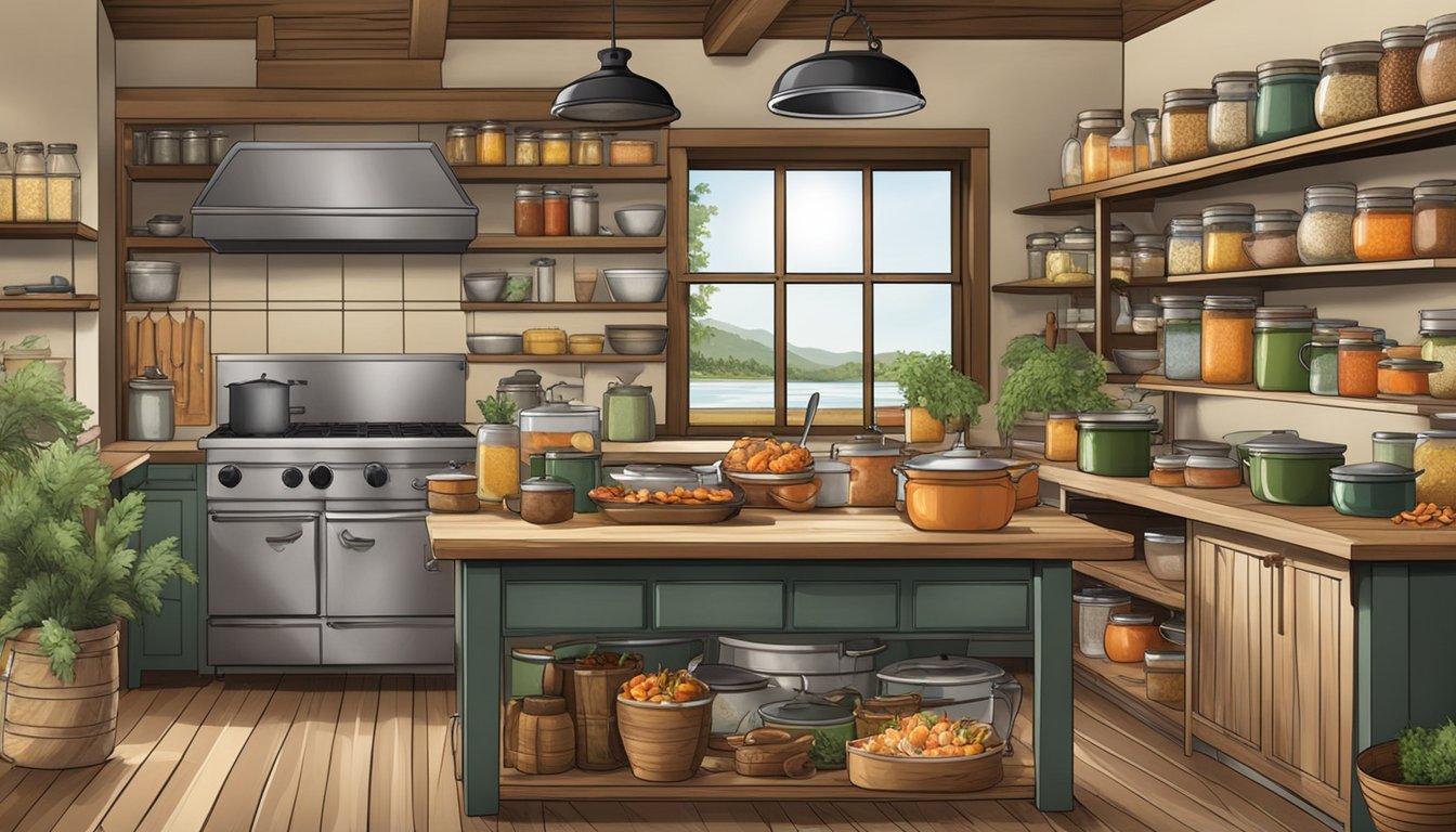 A rustic kitchen with pots, spices, and fresh seafood laid out for a Texas-style boil. Shelves hold jars of seasoning and storage containers