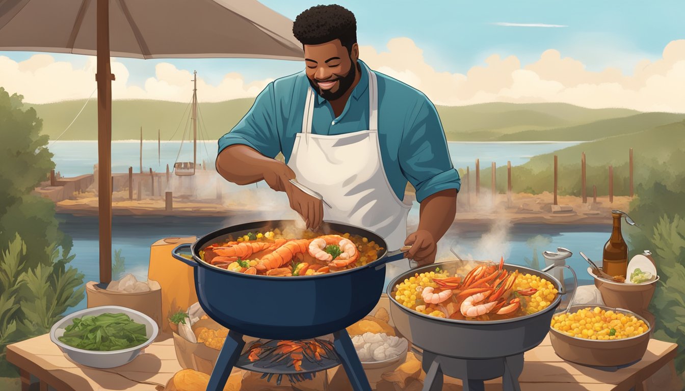 A chef prepares a Texas-style seafood boil outdoors, using a large pot over an open flame. They carefully add shrimp, crab, corn, and potatoes to the boiling water, surrounded by bags of seasoning and spices