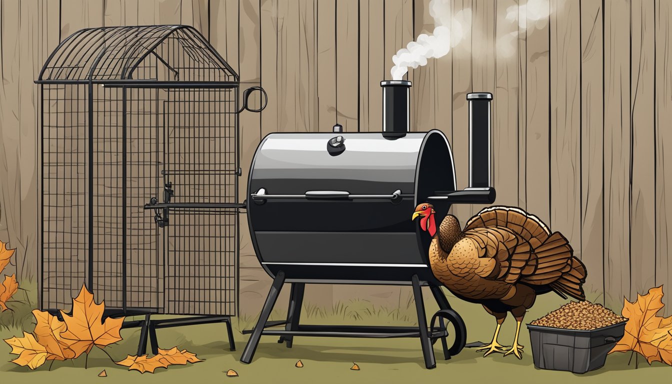 A rustic outdoor smoker filled with wood chips, a plump turkey on a wire rack, and a thermometer gauge