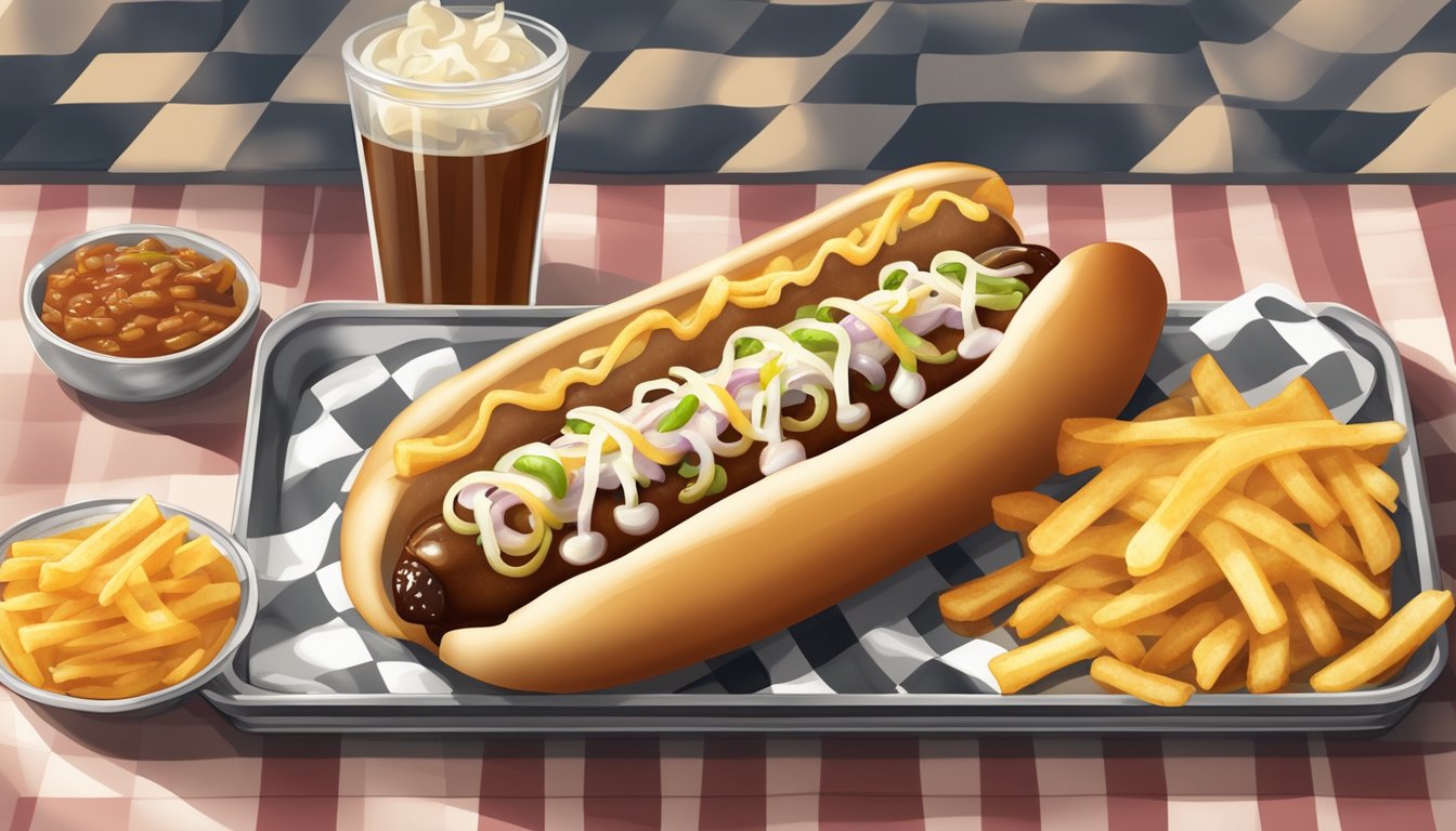 A steaming chili dog topped with melted cheese and diced onions, served on a checkered paper-lined tray with a side of crispy french fries