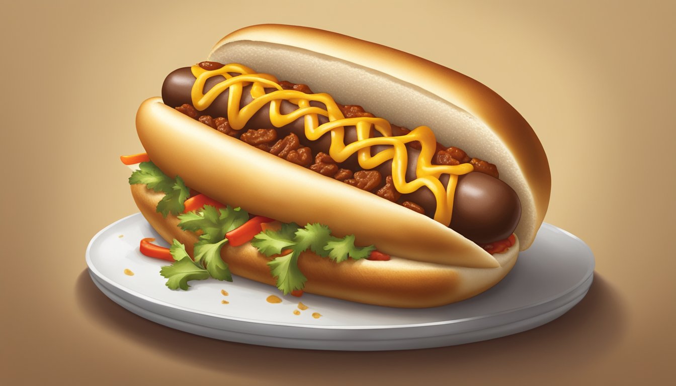 A steaming hot chili dog topped with a generous portion of hearty Texas chili, nestled in a soft, golden-brown bun