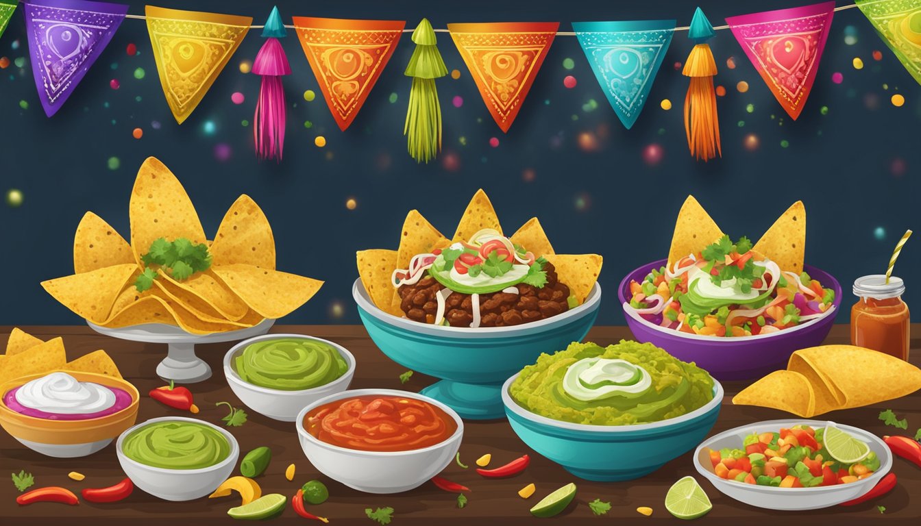 A colorful Tex-Mex taco bar with an array of toppings, salsas, and guacamole. Brightly decorated with festive banners and sombreros