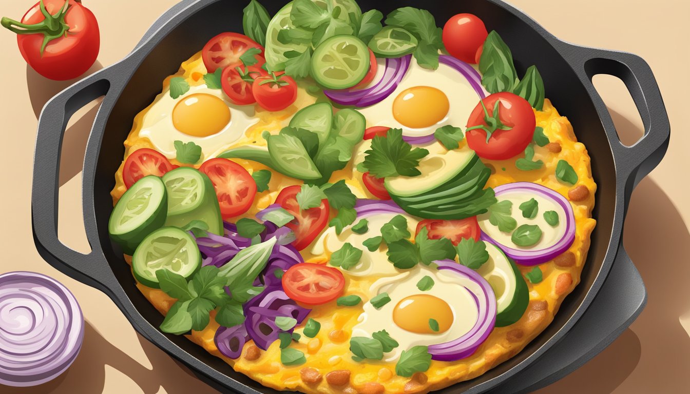 A colorful Tex Mex frittata sizzling in a cast iron skillet, surrounded by vibrant vegetables and topped with melted cheese