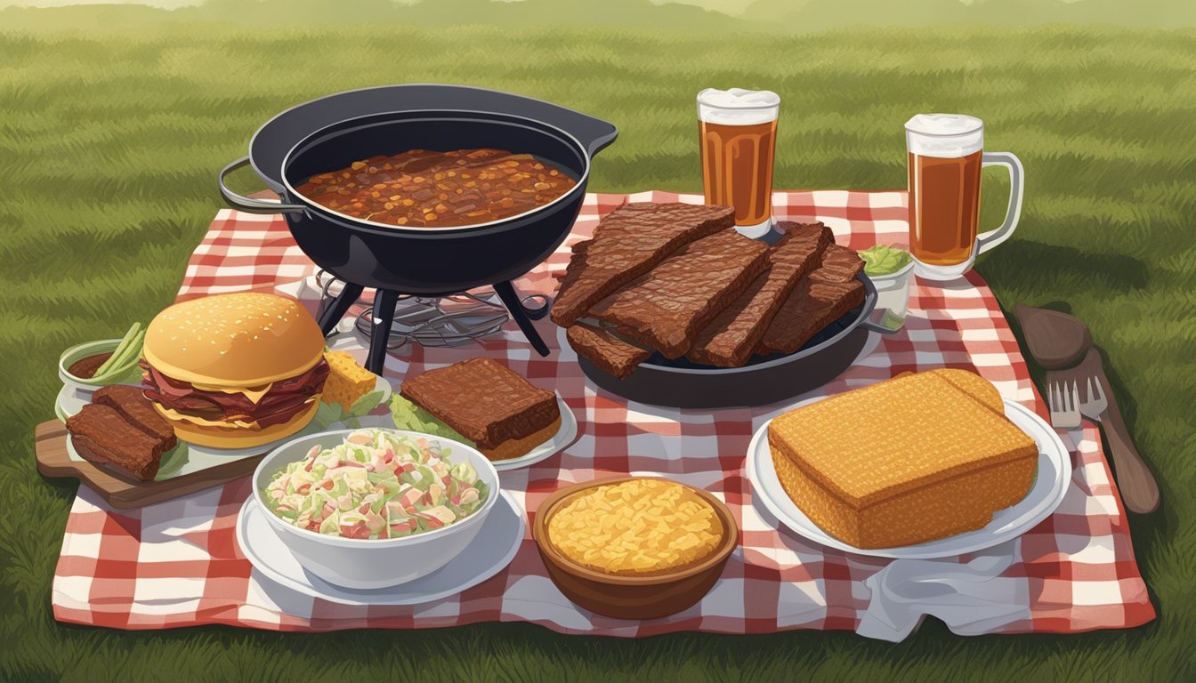 A red and white checkered picnic blanket spread out on green grass, surrounded by a spread of barbecue ribs, cornbread, coleslaw, and a pitcher of sweet tea