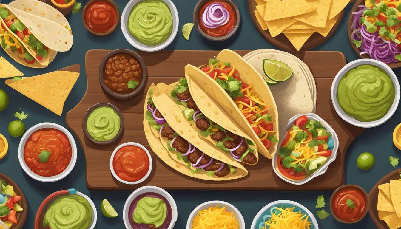 A colorful Tex Mex taco bar set up with various toppings, salsa, guacamole, and tortillas on a wooden table