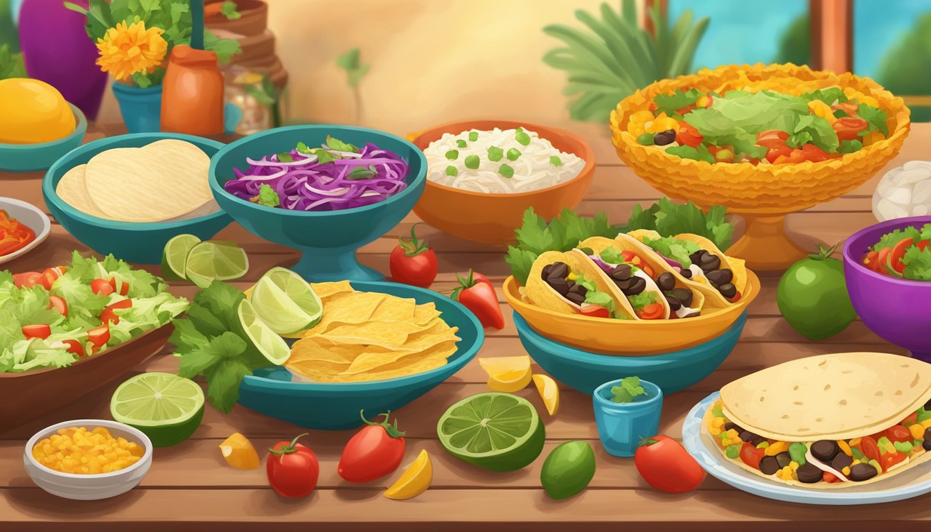 A colorful tex mex taco bar with a variety of fresh ingredients and toppings displayed on a festive table