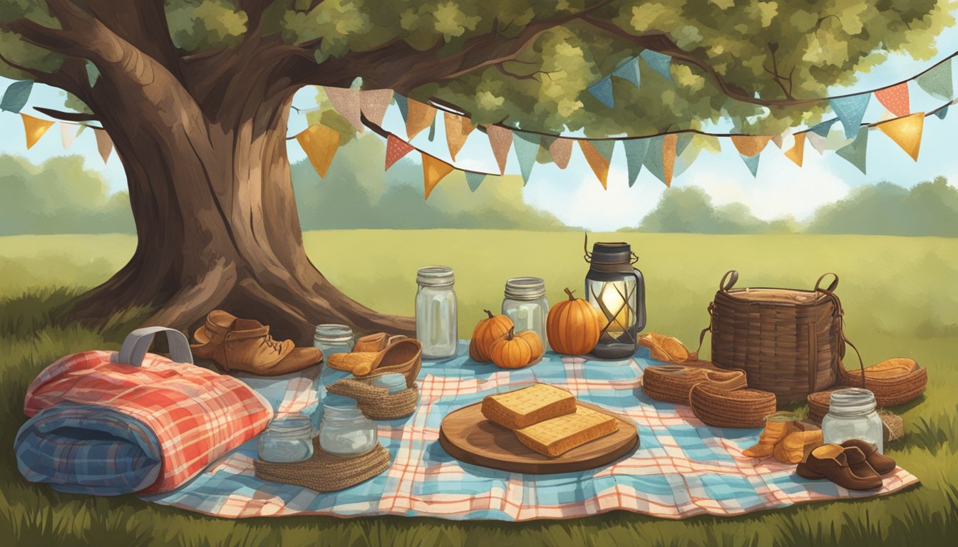 A rustic picnic blanket spread out under a large oak tree, surrounded by cowboy boots, bandanas, and mason jar lanterns