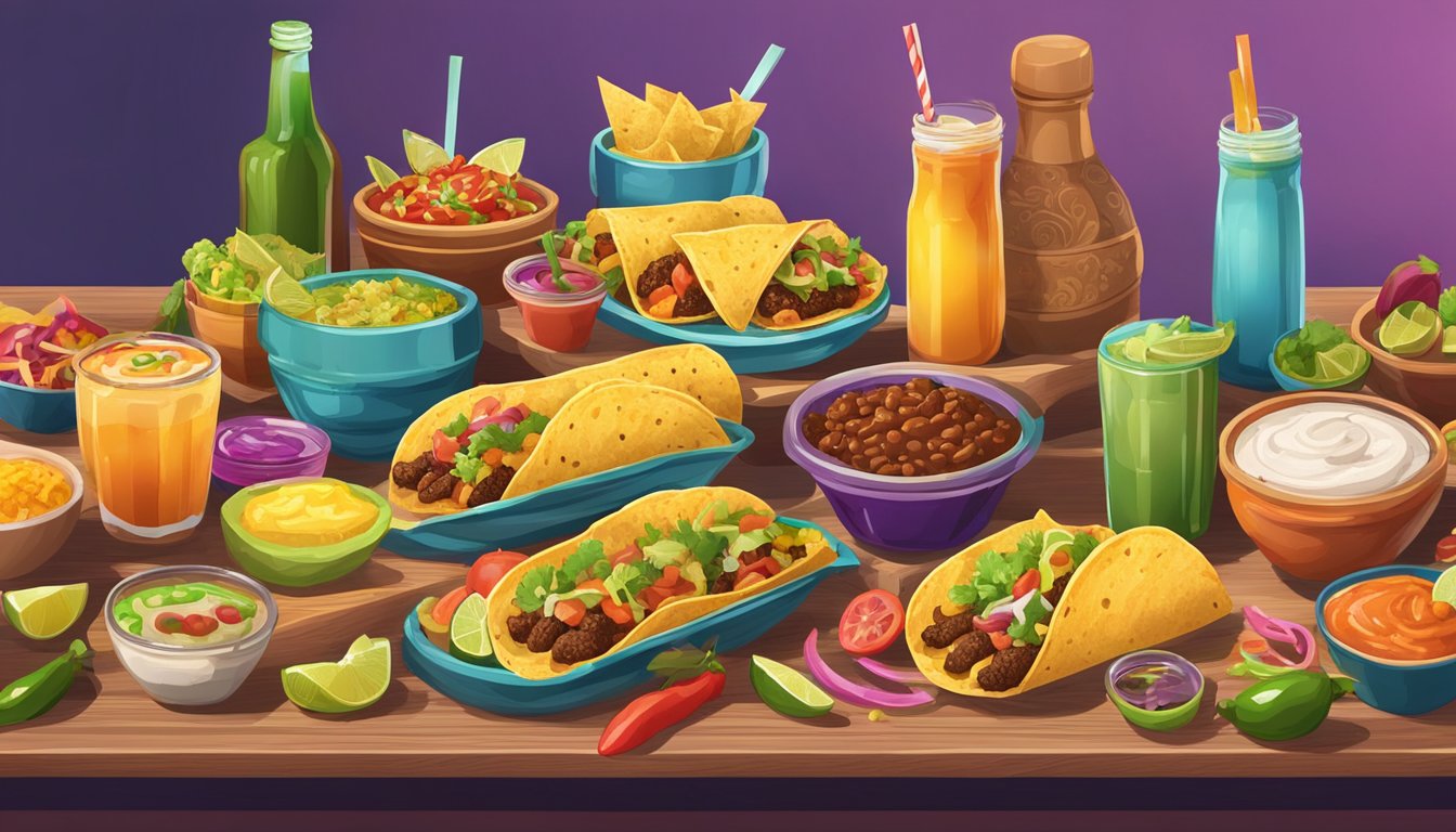 A colorful Tex-Mex taco bar with various fillings, toppings, and accompaniments, surrounded by festive beverage options