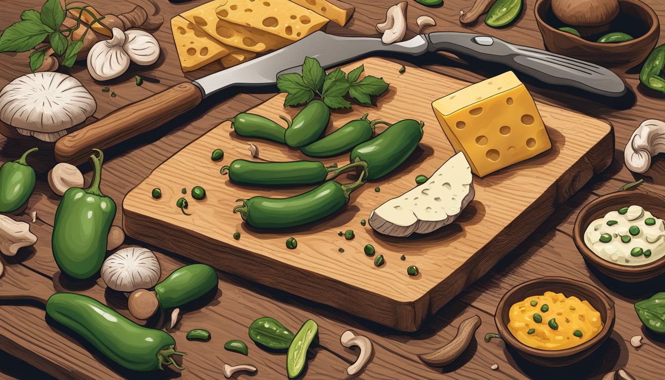 A hand reaching for mushrooms, jalapenos, and cheese on a wooden cutting board, surrounded by grilling utensils and spices