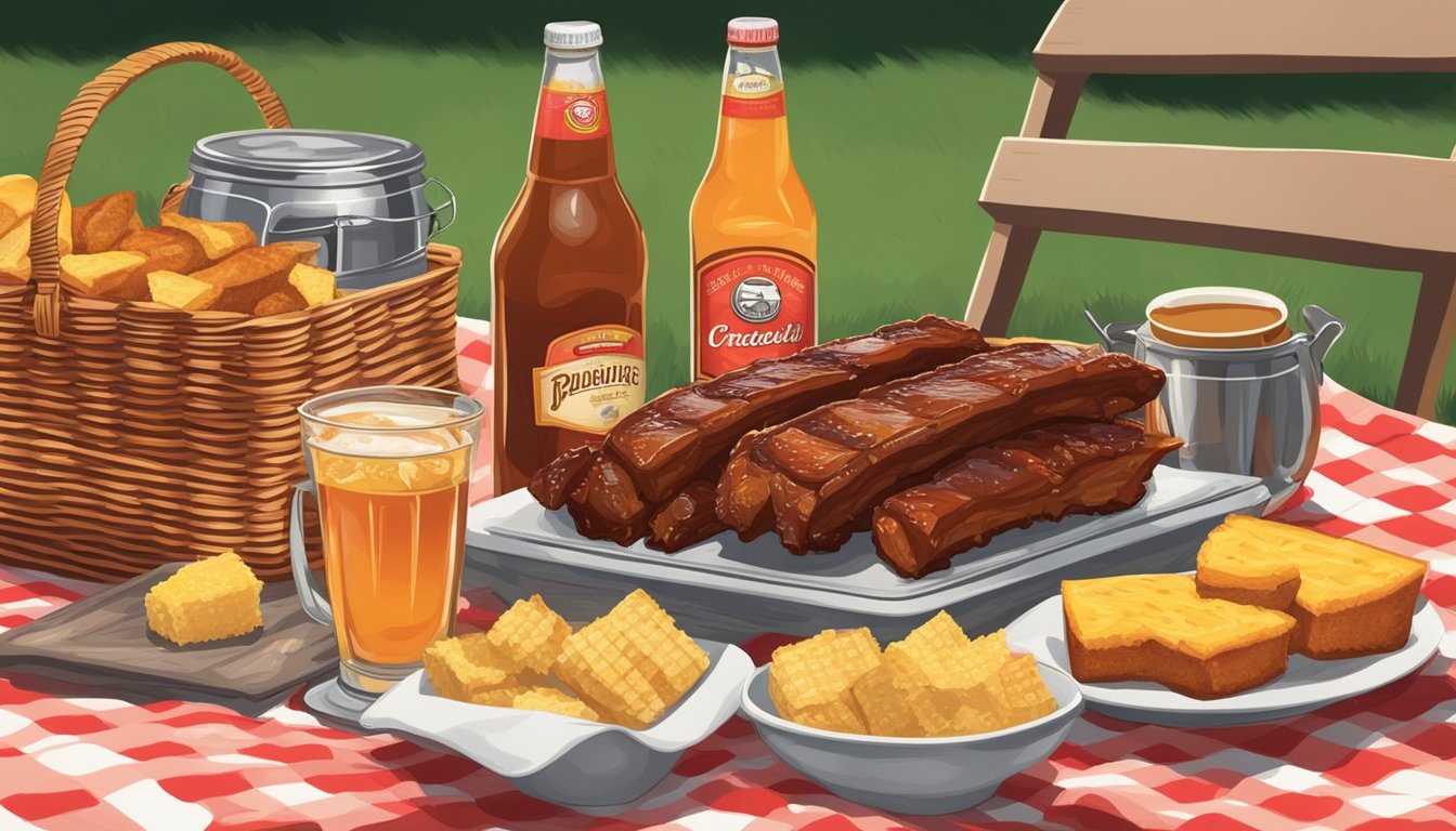 A picnic blanket spread with BBQ ribs, cornbread, and sweet tea, surrounded by a cooler, wicker basket, and red checkered napkins