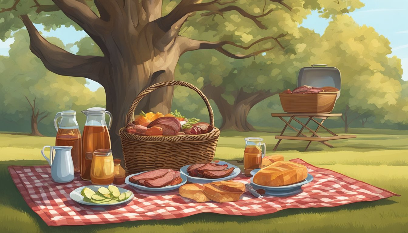 A checkered picnic blanket is spread out under a sprawling oak tree, with a wicker basket, a jug of sweet tea, and a spread of BBQ meats and sides