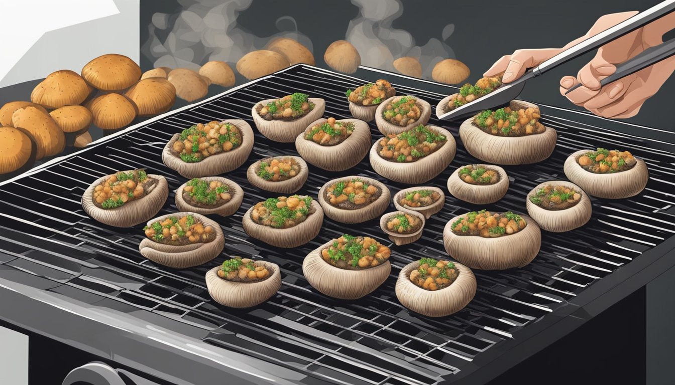 Fresh mushrooms being carefully cleaned and stuffed with a savory mixture, then placed on a grill over hot coals