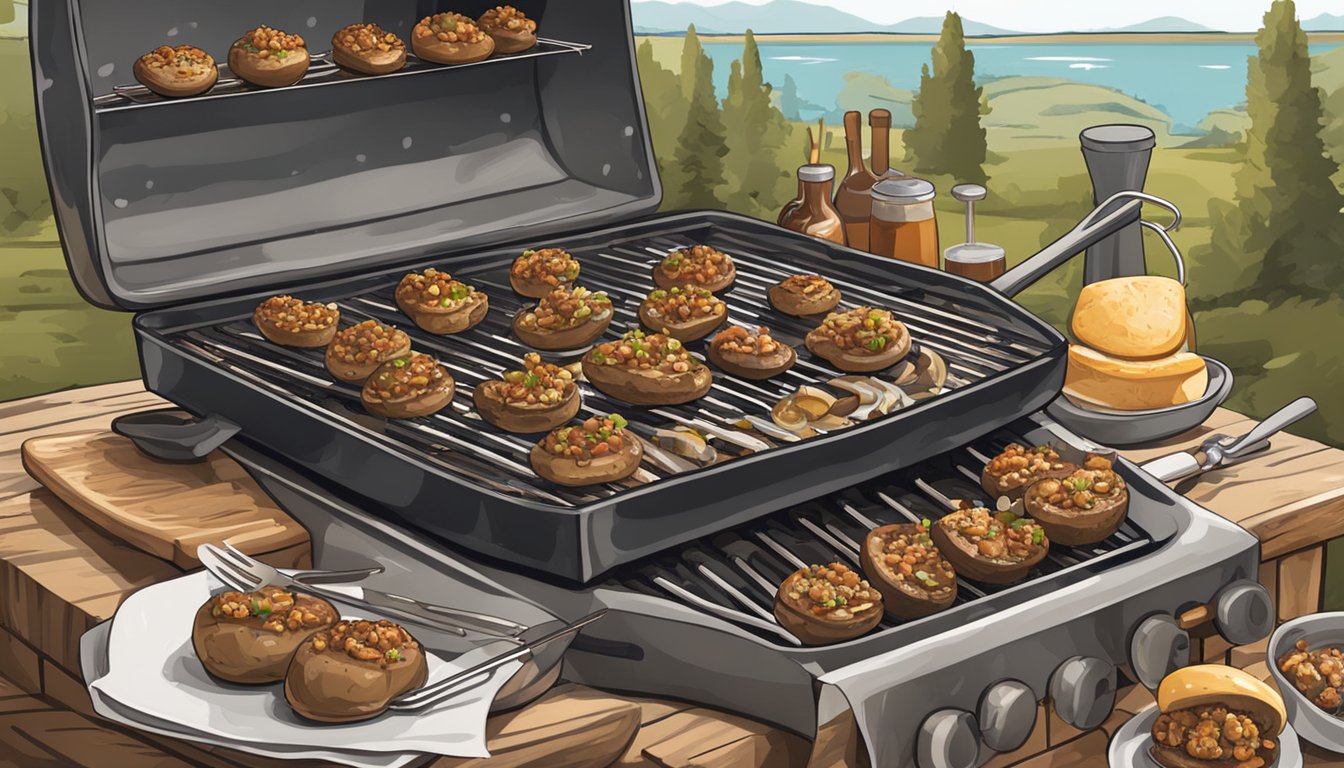 A grill with sizzling Texas-style stuffed mushrooms surrounded by grilling utensils and a rustic outdoor setting