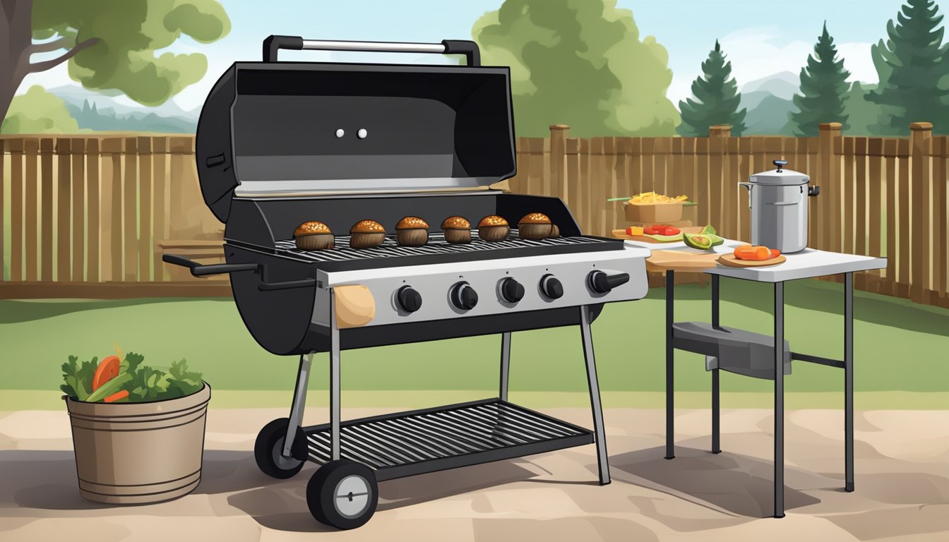 A grill with Texas-style stuffed mushrooms cooking, surrounded by a clean and organized outdoor cooking area with safety equipment nearby