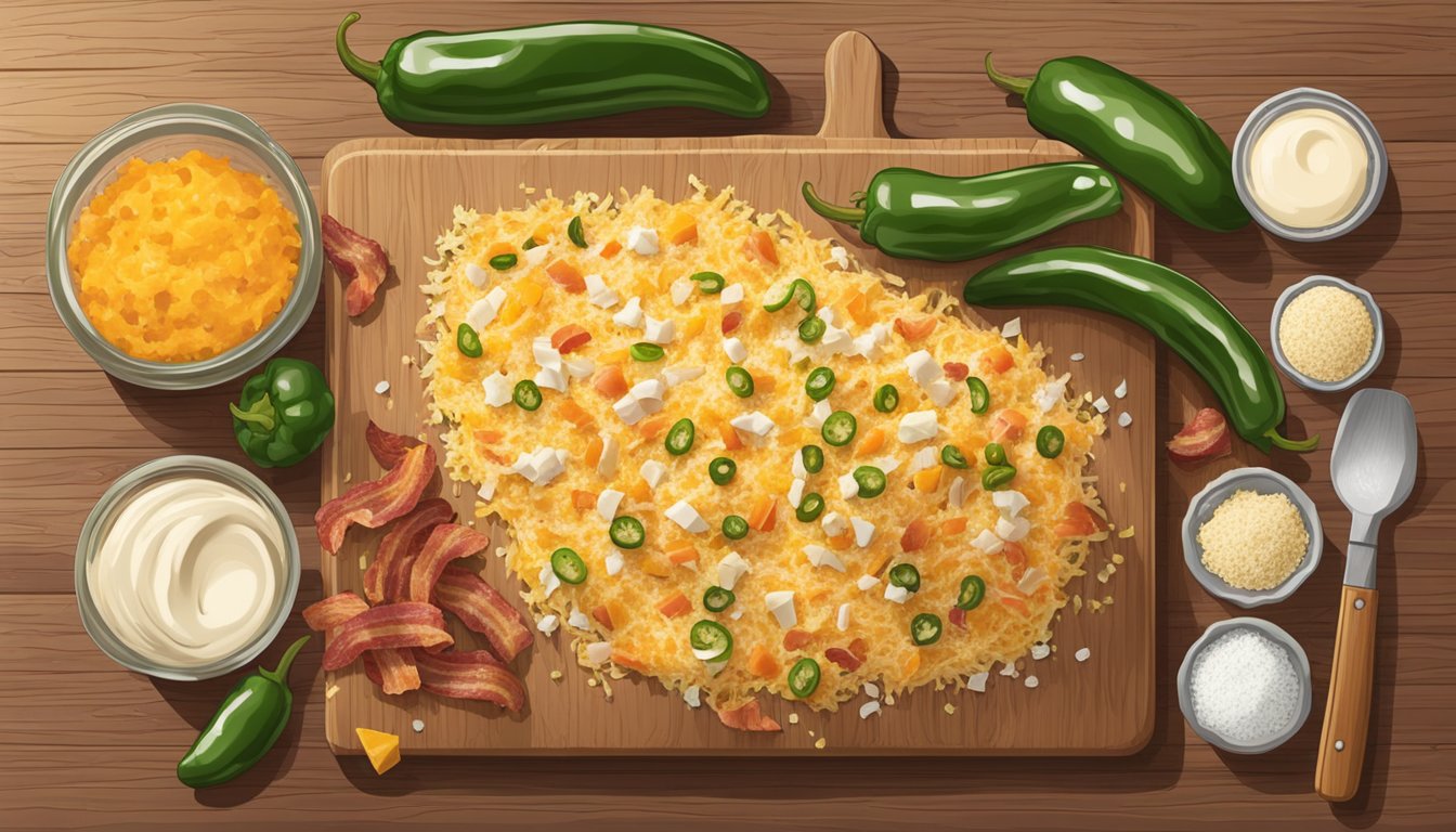 Fresh jalapeños, cream cheese, shredded cheddar, bacon, and breadcrumbs laid out on a wooden cutting board next to a mixing bowl and baking sheet