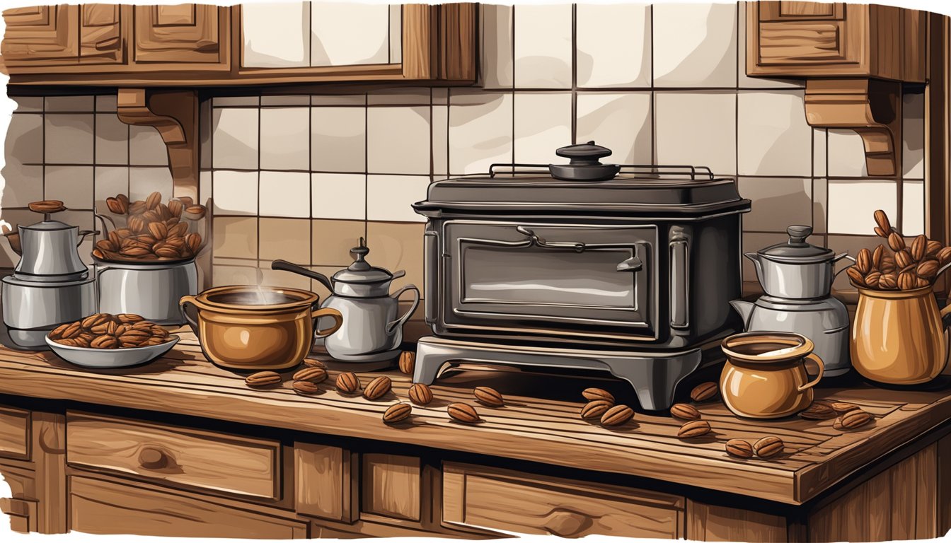 A rustic kitchen with a vintage stove and a wooden countertop covered in pecans, sugar, and a pot of bubbling caramel