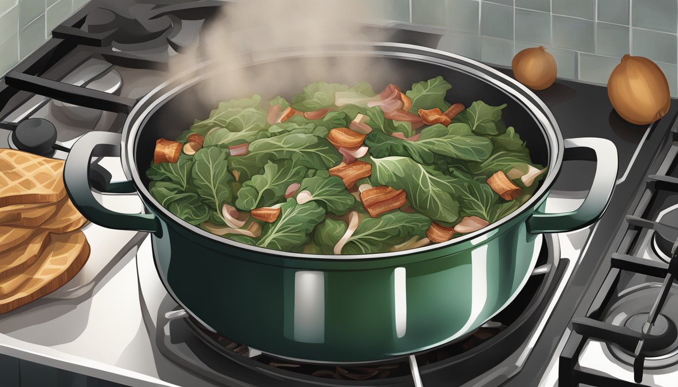 A large pot simmering with collard greens, bacon, onions, and seasonings on a stovetop