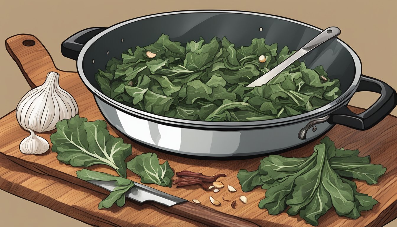 A pot of simmering collard greens surrounded by a cutting board with a knife, onion, garlic, and bacon. A skillet sits nearby with sizzling bacon