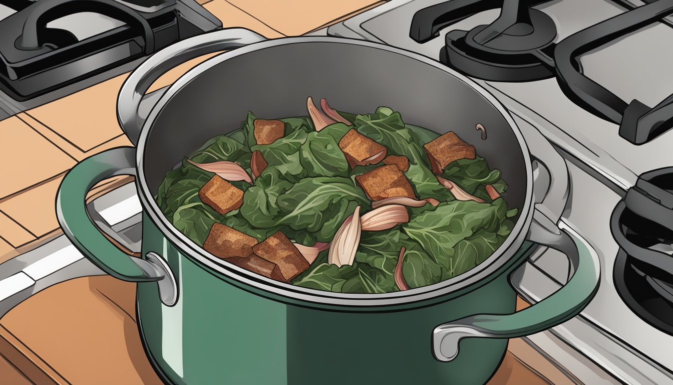 A large pot simmering with collard greens, bacon, onions, and spices on a stovetop