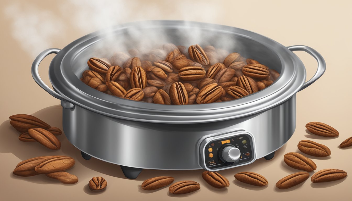 A pot of boiling sugar and pecans, steam rising, cooling on a parchment-lined tray