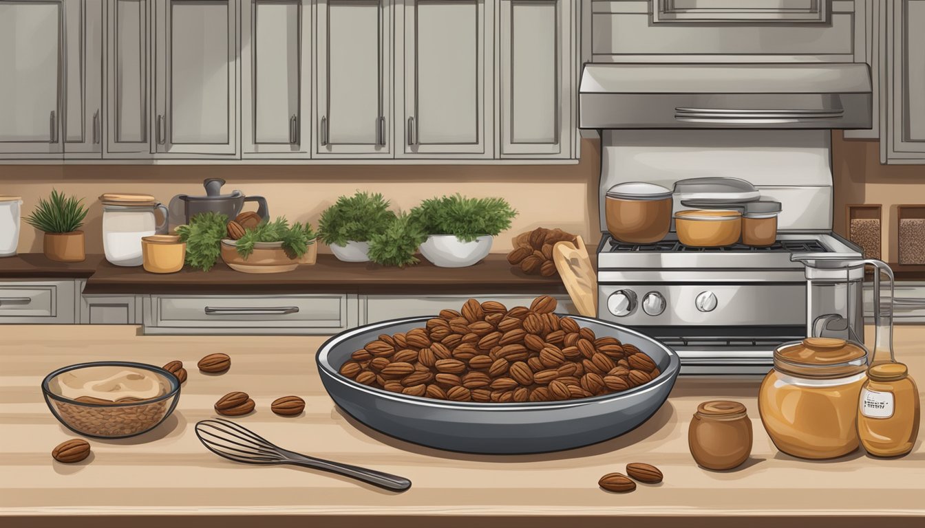 A kitchen counter with ingredients and utensils for making Texas Pecan Pralines