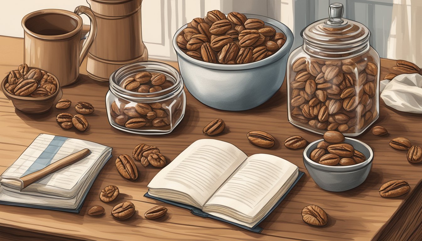 A rustic kitchen counter displaying a tray of freshly baked Texas pecan pralines, surrounded by scattered pecans and a vintage recipe book