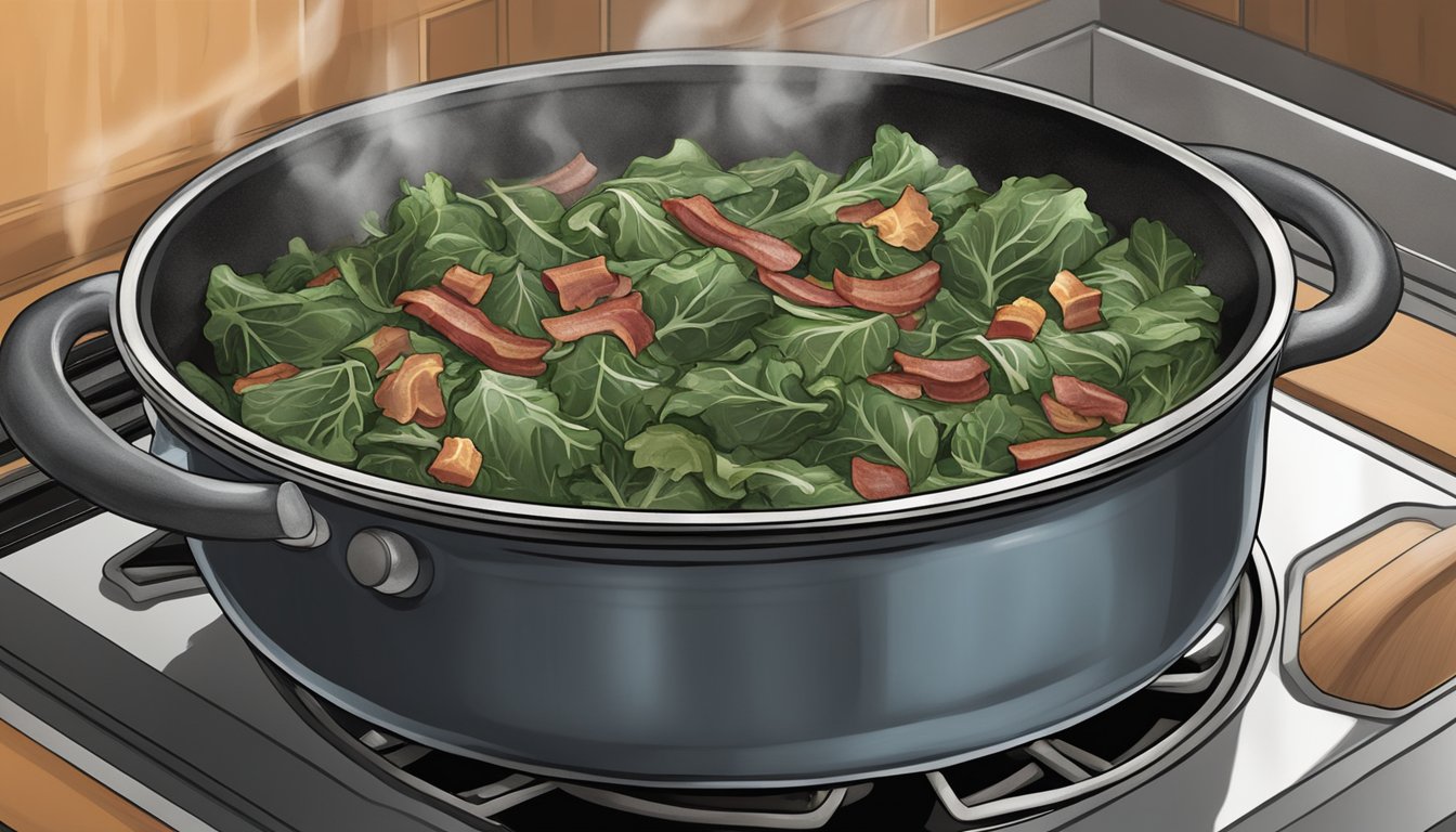 A pot of simmering collard greens with bacon, onions, and seasonings on a stovetop