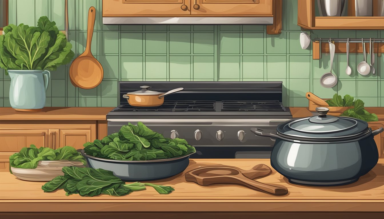 A rustic kitchen with a large pot simmering on the stove, filled with vibrant green collard greens and aromatic spices. A wooden spoon rests on the counter nearby