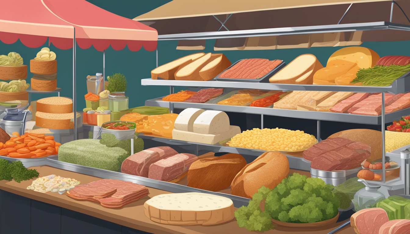 A colorful market stall displays a variety of meats, cheeses, and pickled vegetables. A large round loaf of bread is being sliced in preparation for a Texas-style muffuletta sandwich