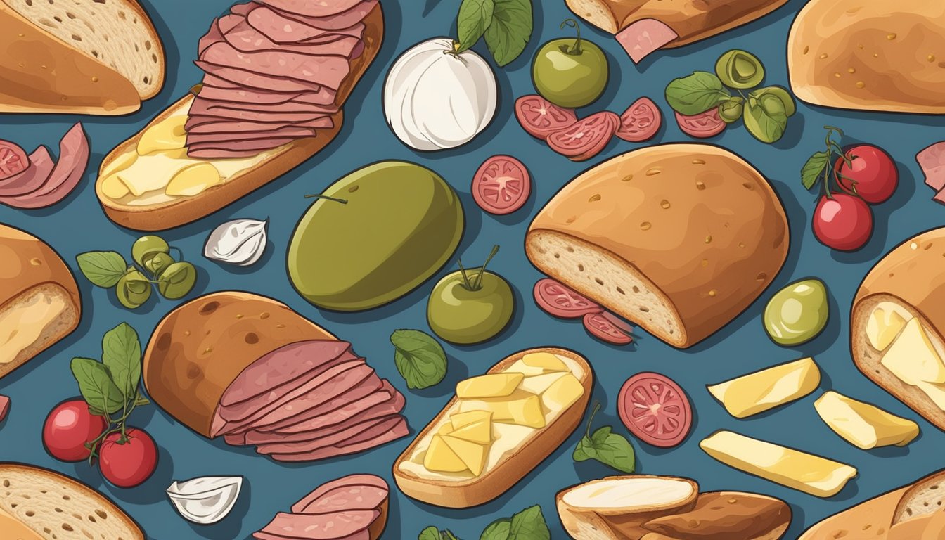 A colorful array of ingredients including ham, salami, provolone, and olive salad arranged on a crusty round loaf of bread