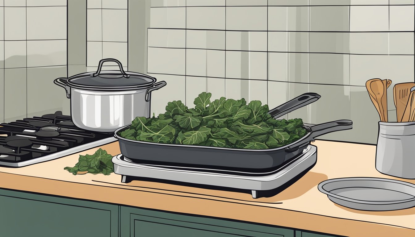 A pot of simmering collard greens on a stove, with a lid nearby and a pair of tongs resting on the counter