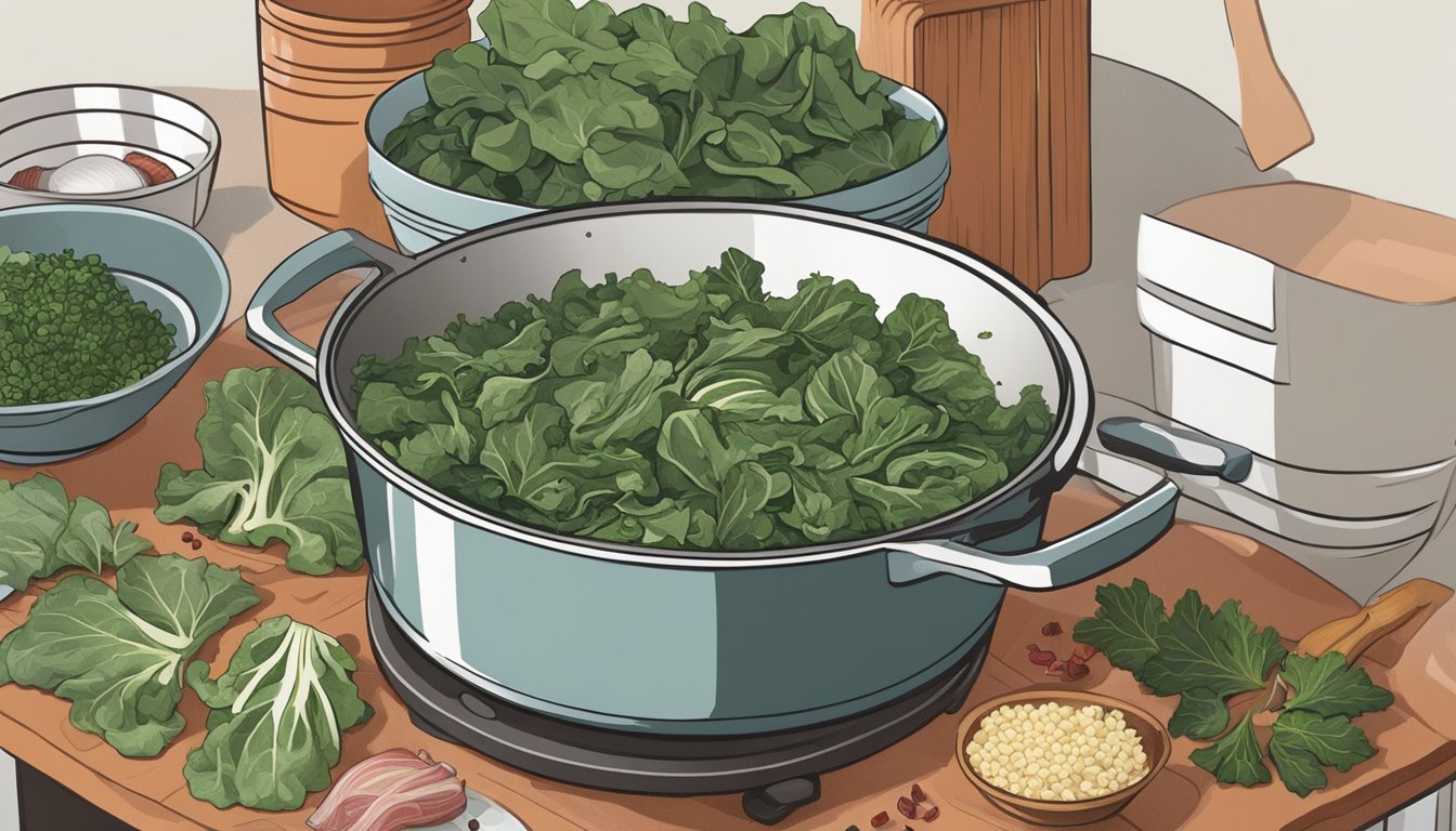 Fresh collard greens being washed and chopped, with bacon and onions sizzling in a large pot, while a mix of spices and broth wait to be added