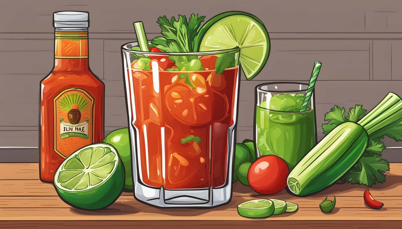 A vibrant Tex Mex Bloody Mary being prepared with spicy ingredients and garnished with a celery stalk and a lime wedge