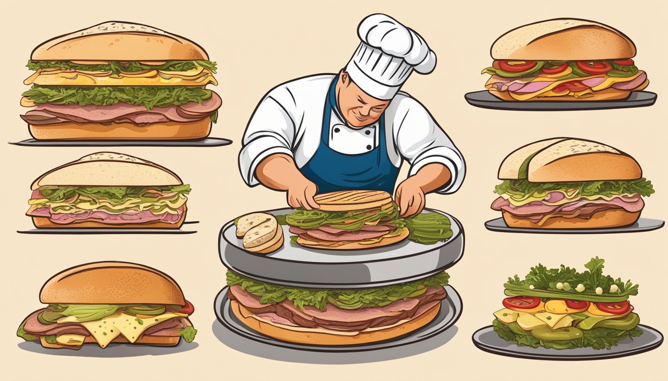 A chef assembling layers of sliced meats and cheeses on a crusty round loaf of bread, adding layers of pickles and olive salad, preparing a Texas-style muffuletta sandwich