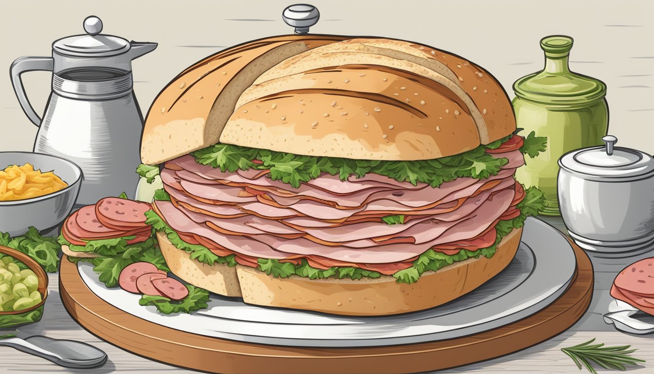 A chef layers ham, salami, provolone, and olive salad on a large round loaf of bread to prepare a Texas-style muffuletta sandwich