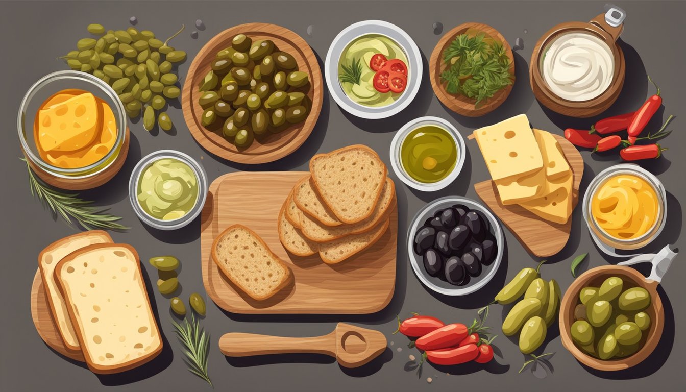 A wooden cutting board with a variety of ingredients including olives, pickles, meats, and cheese, surrounded by jars of condiments and a loaf of crusty bread