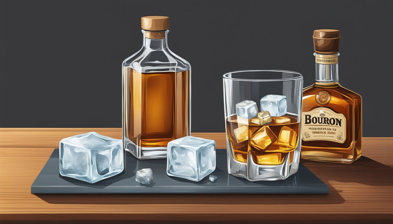 A glass filled with ice, a bottle of bourbon, bitters, and a sugar cube on a wooden bar top