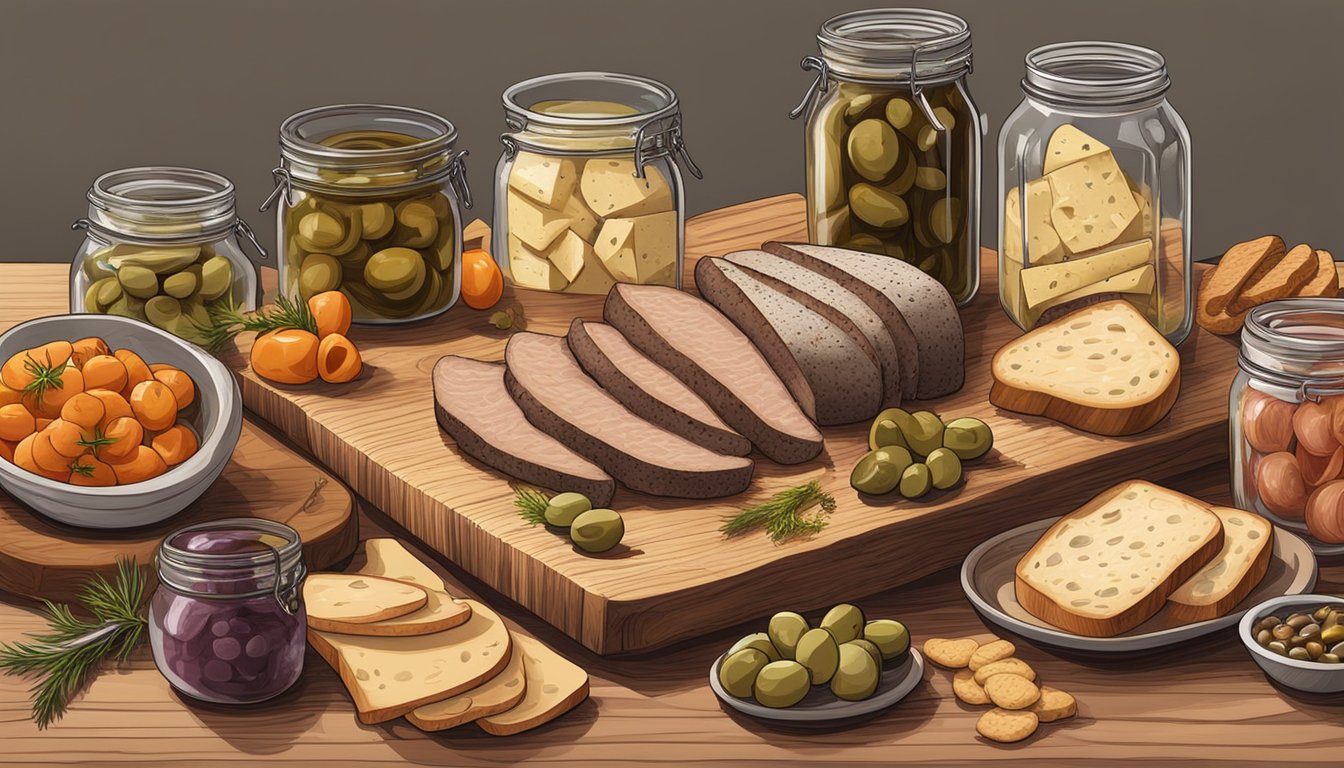 A wooden cutting board with a variety of sliced meats, cheeses, and olives, surrounded by jars of pickled vegetables and a loaf of crusty bread