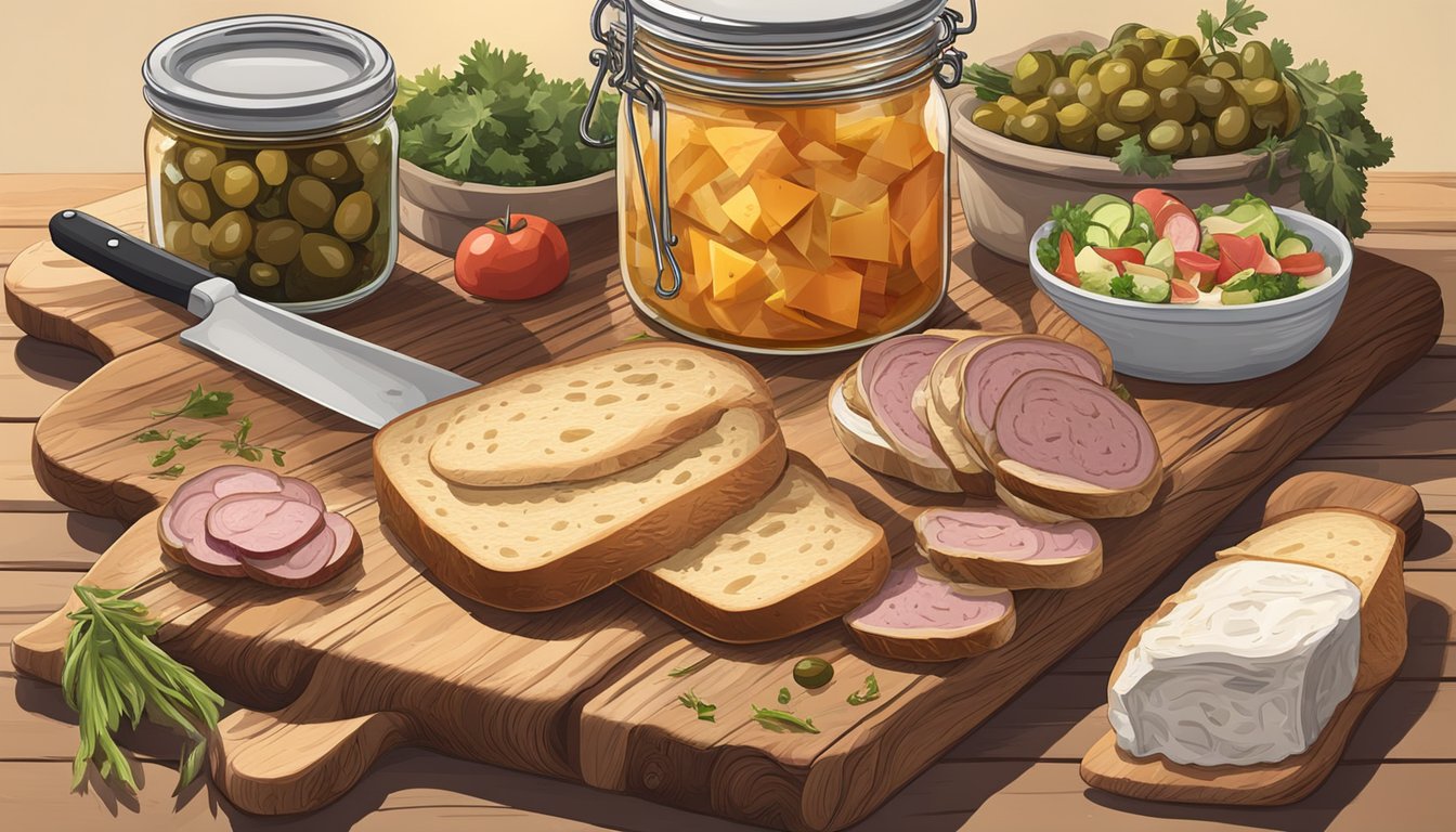 A rustic wooden cutting board holds a freshly sliced loaf of bread, a variety of meats, cheeses, and pickled vegetables, along with a jar of olive salad