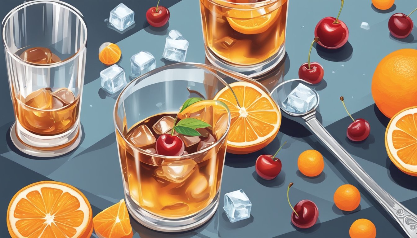 A hand pours bourbon and stirs with a bar spoon in a glass with ice and a cherry, while a slice of orange is being peeled