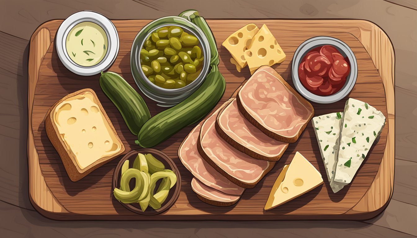 A wooden cutting board with sliced meats, cheeses, pickles, and condiments laid out next to a loaf of bread