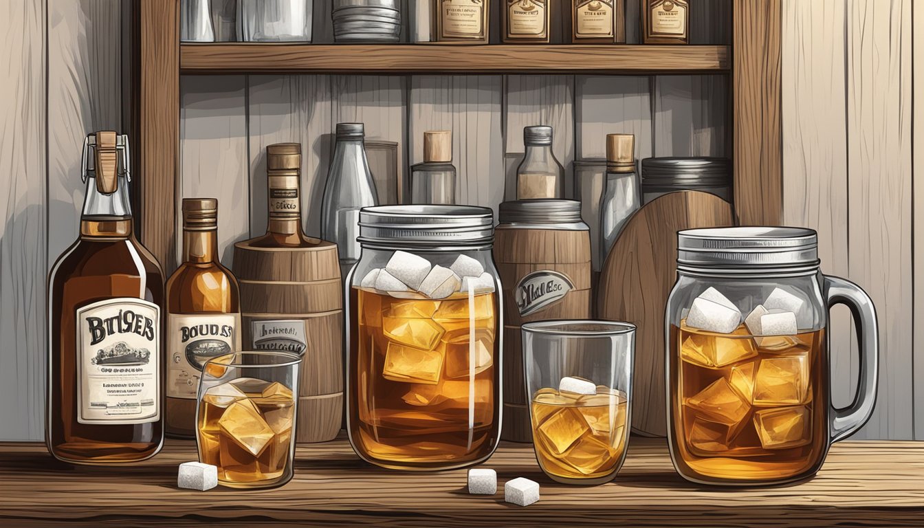 A rustic wooden bar with a mason jar filled with ice, a bottle of bourbon, a jar of bitters, and a bowl of sugar cubes